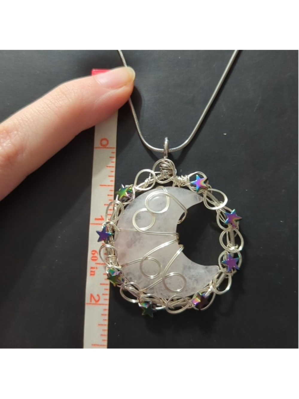 Silver Tone Wire Wrap Pink Rose Quartz Gemstone Crescent Moon Pendant Necklace - Picture 3 of 3